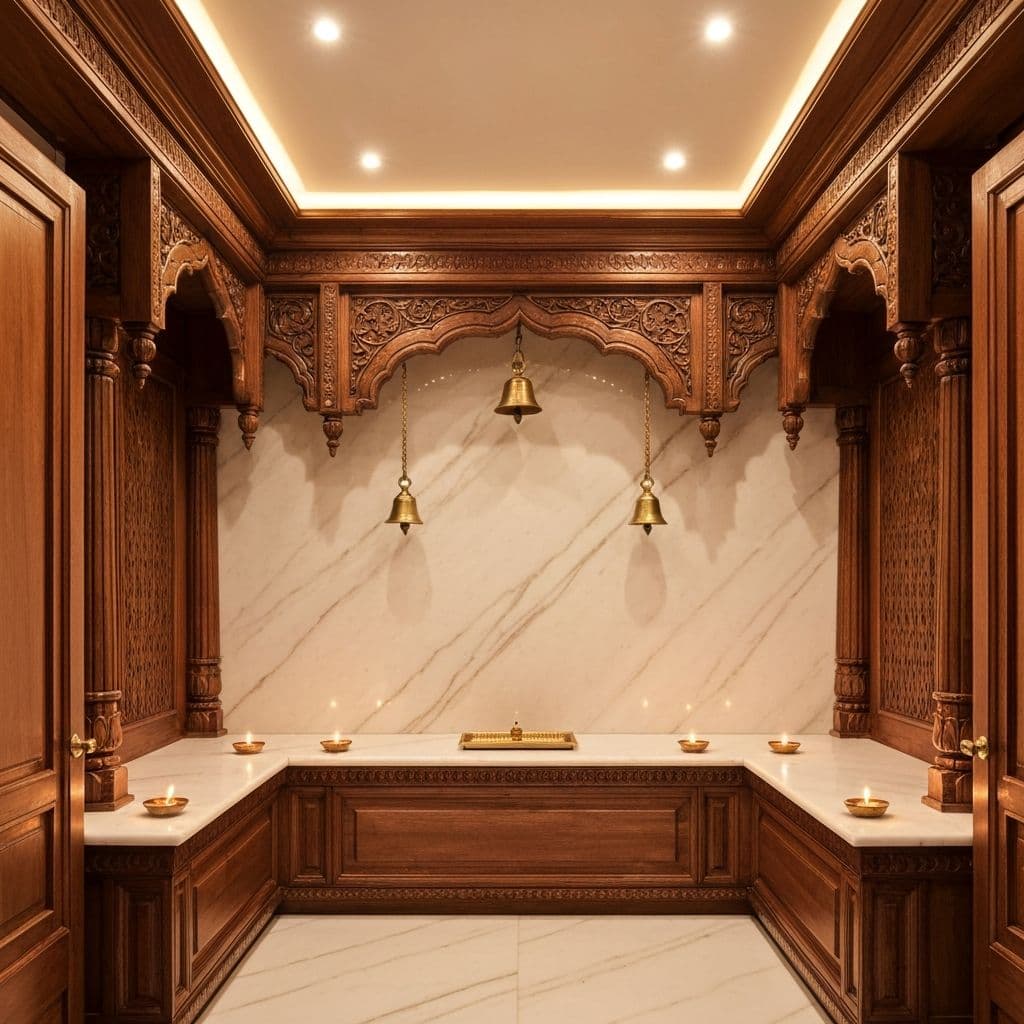 Elegant pooja room with carved wooden mandir and warm lighting