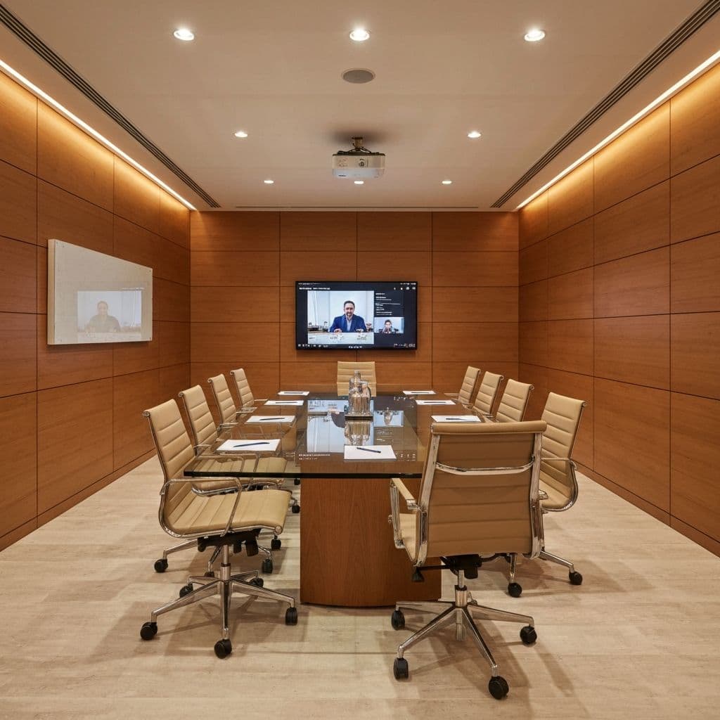 Executive meeting room with conference table and video setup
