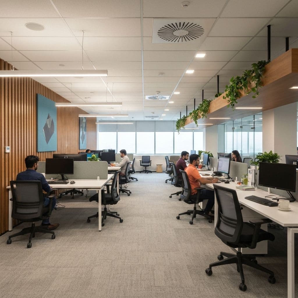 Open-plan workspace with collaborative zones and indoor plants
