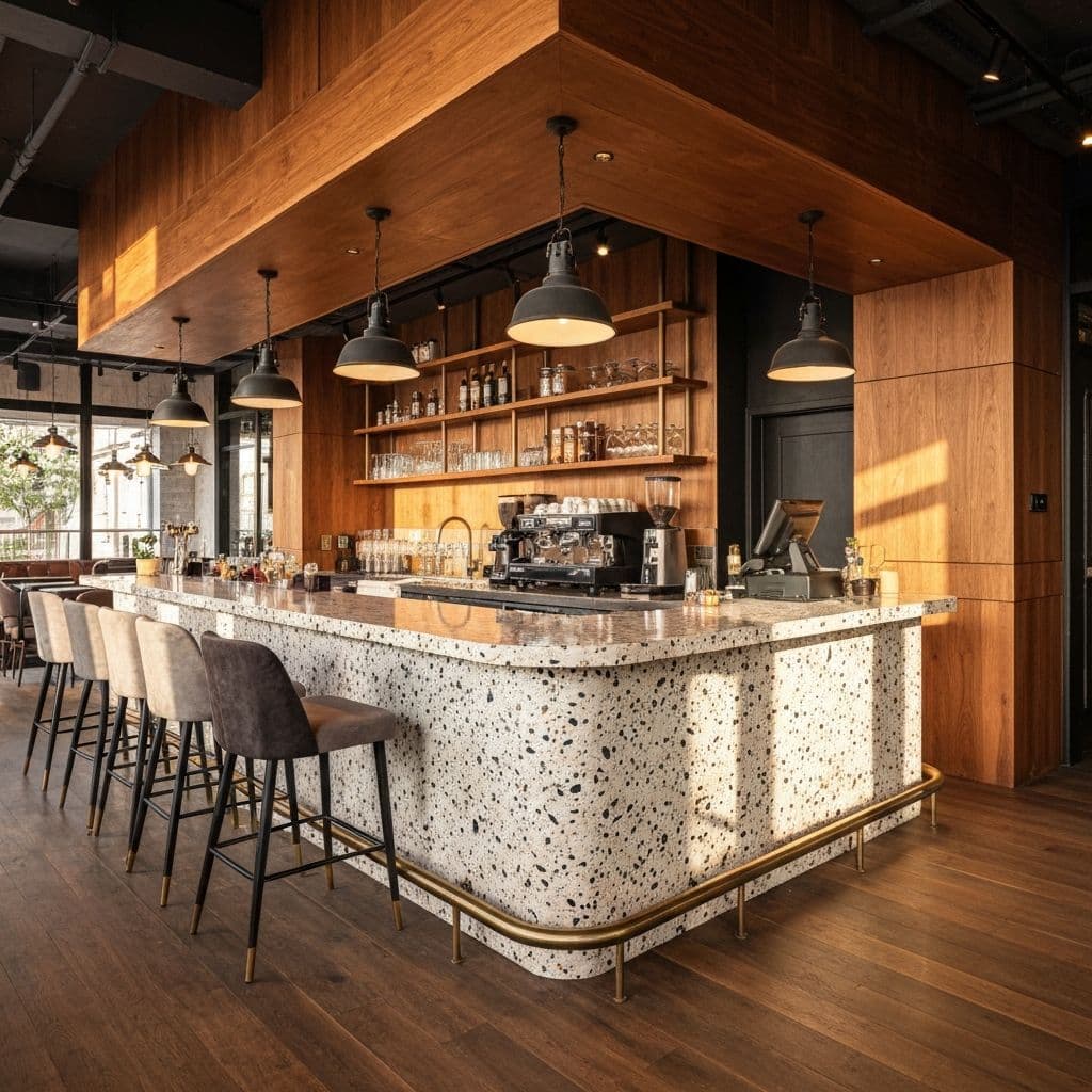 Stylish bar counter with terrazzo top and industrial lighting