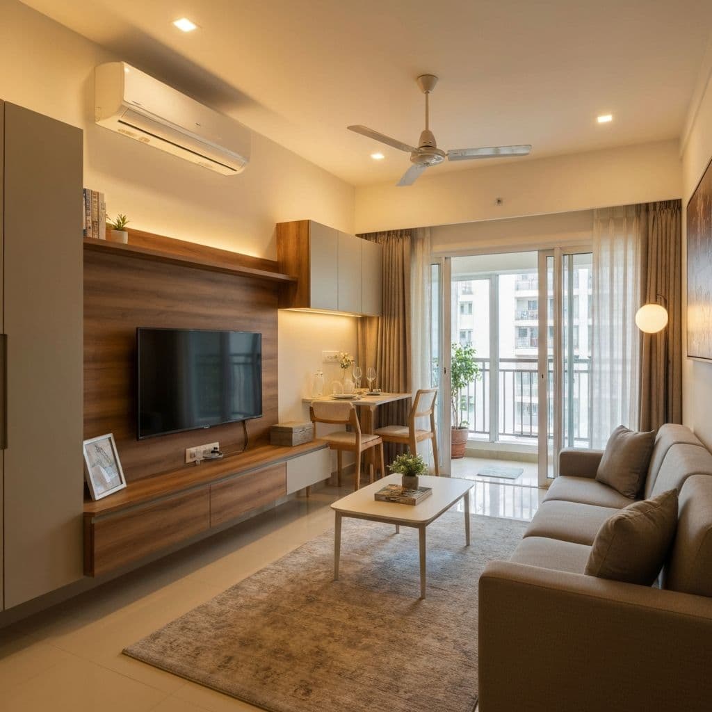 Smart 2 BHK living room with modular TV unit and functional storage