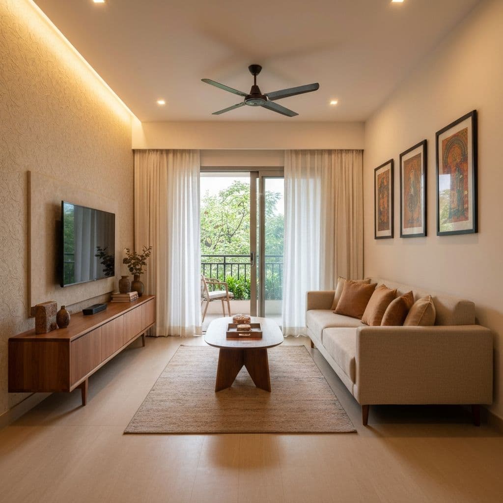 Contemporary living room with warm earthy tones and TV unit