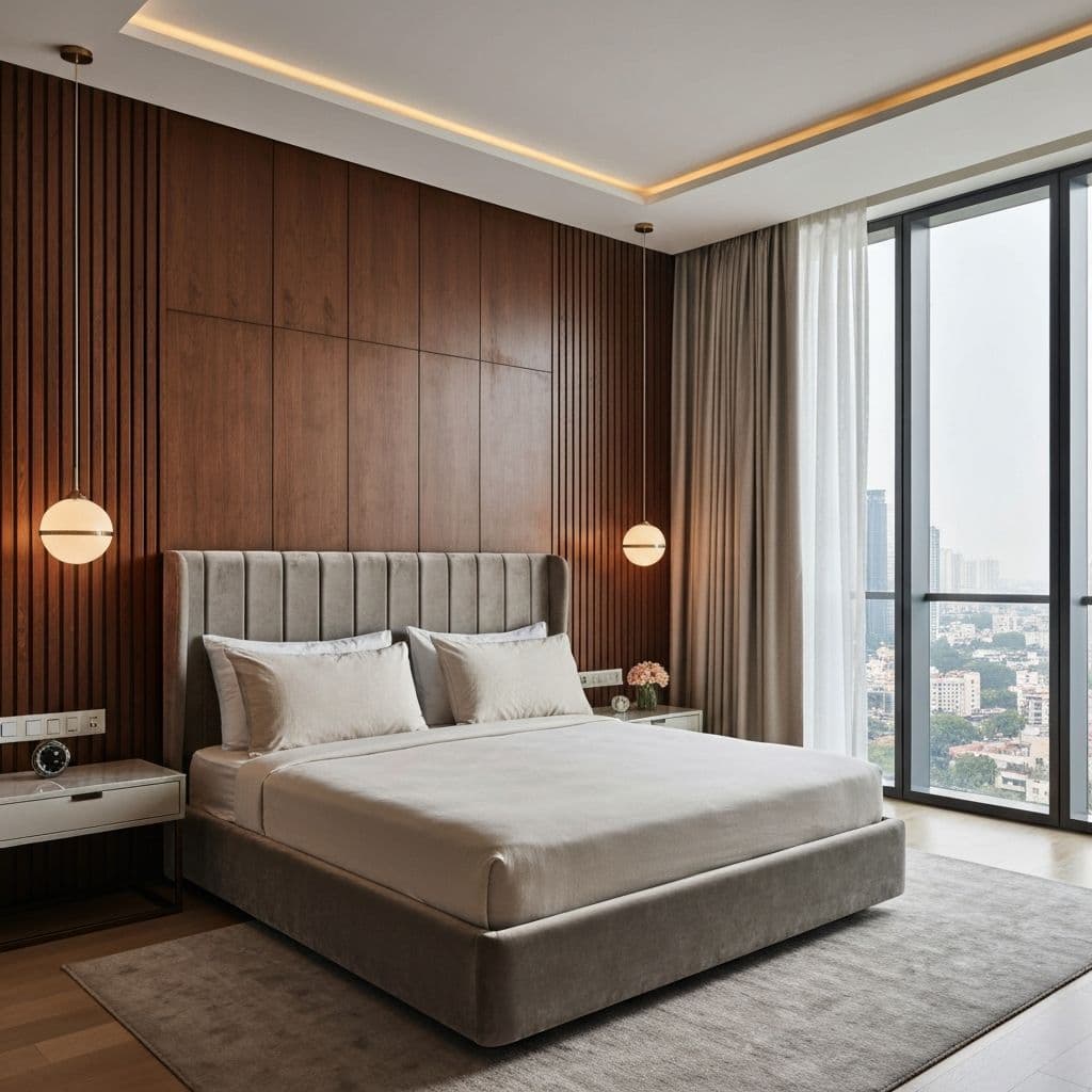 Premium master bedroom with velvet headboard and city view