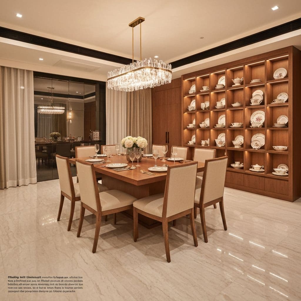 Formal dining room with eight-seater table and statement chandelier