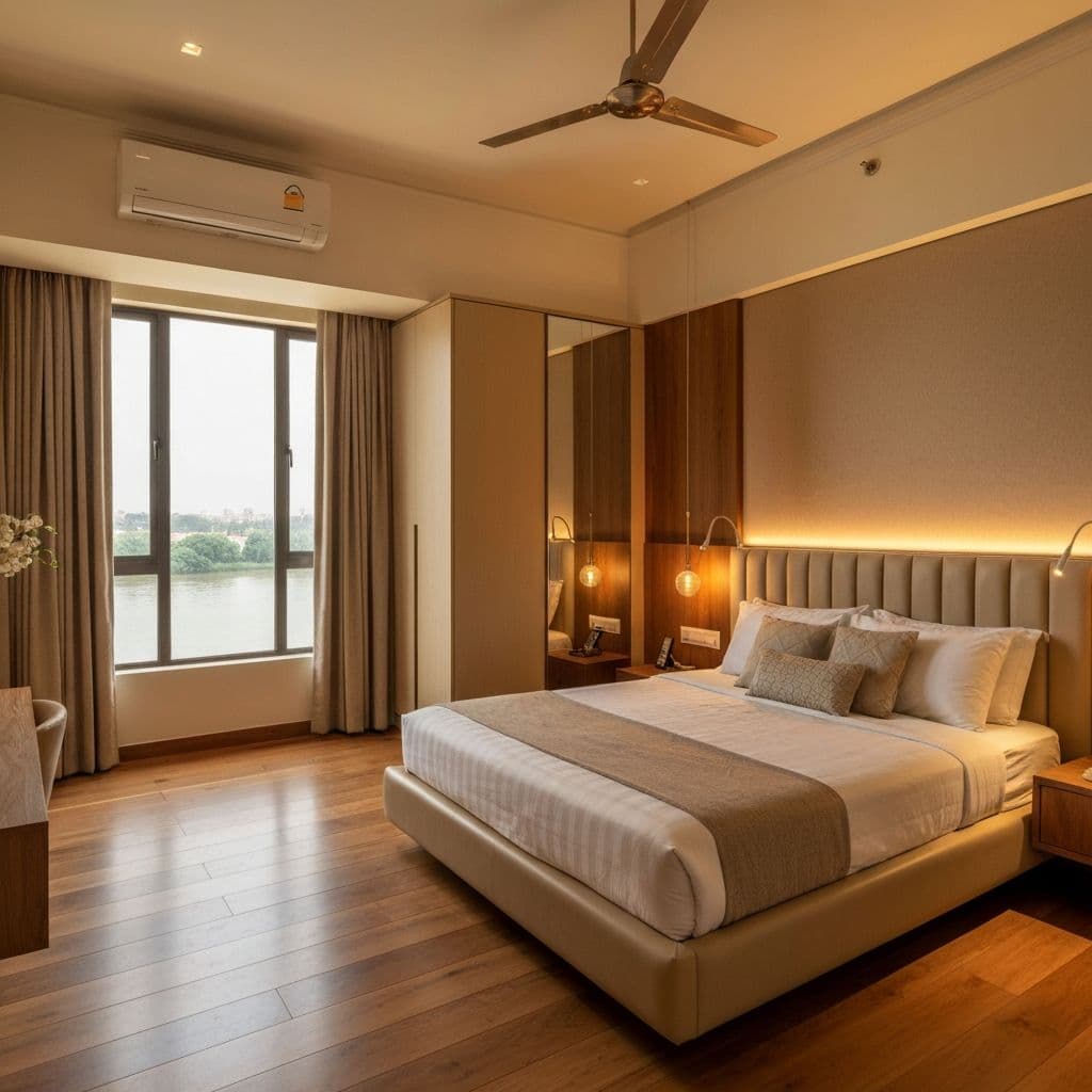 Master bedroom with designer headboard and built-in wardrobe