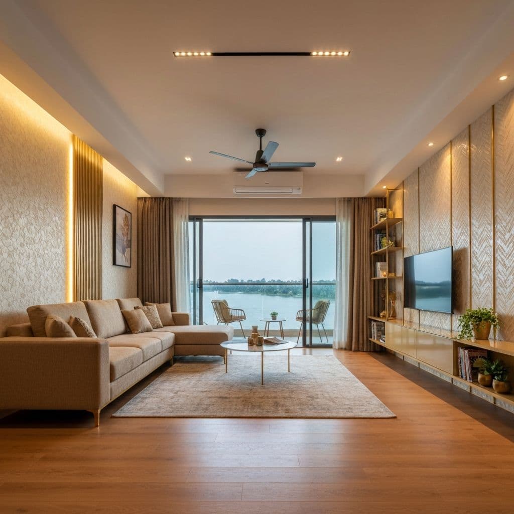Premium living room with river view and wooden flooring